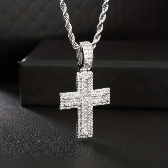 Womens White Gold Diamond Cross Necklace Cross Christian White Gold Plated Pendant Necklace For Women 925 Sterling  Silver